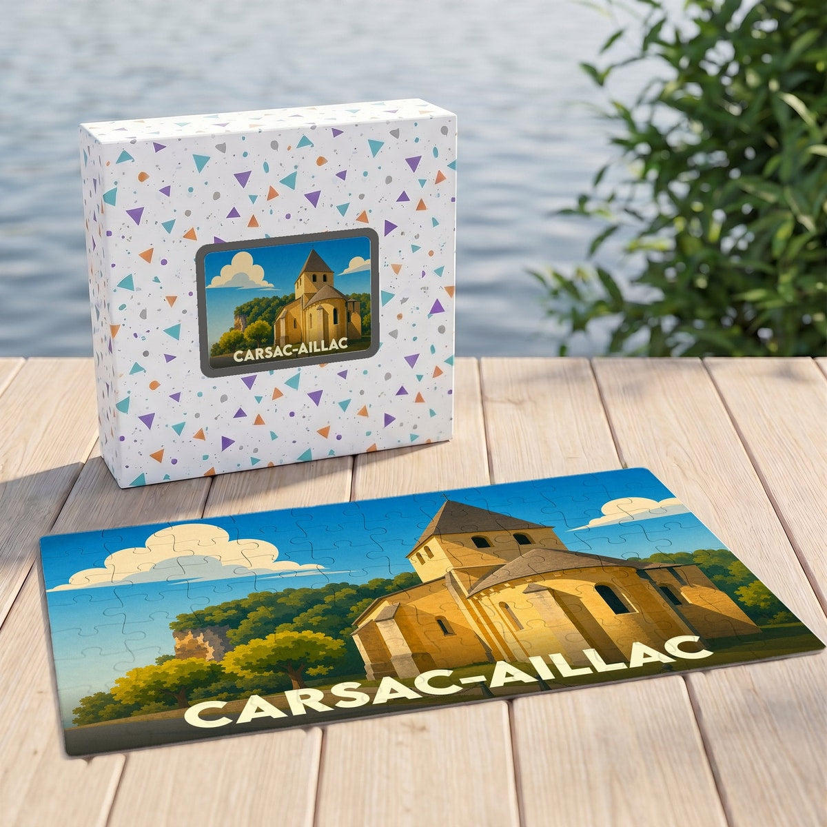 Puzzle souvenir de la ville de Carsac-Aillac avec une illustration stylisée d'une église romane.
