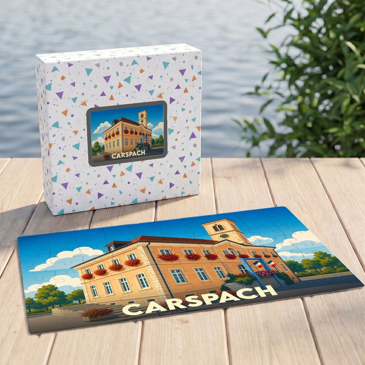 Puzzle souvenir de la ville de Carspach avec une illustration stylisée.