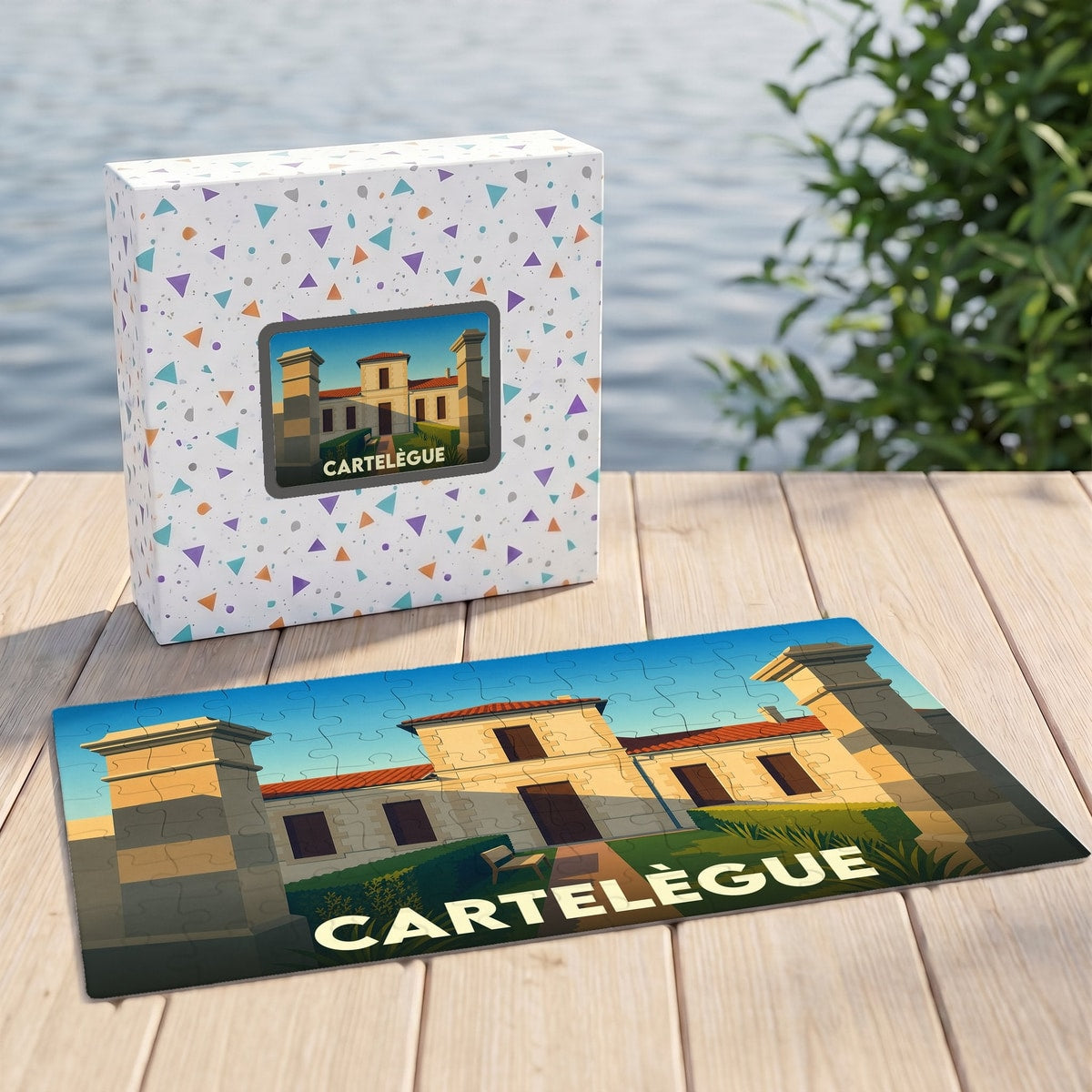 Puzzle souvenir de la ville de Cartelègue avec une illustration stylisée d'un bâtiment historique.