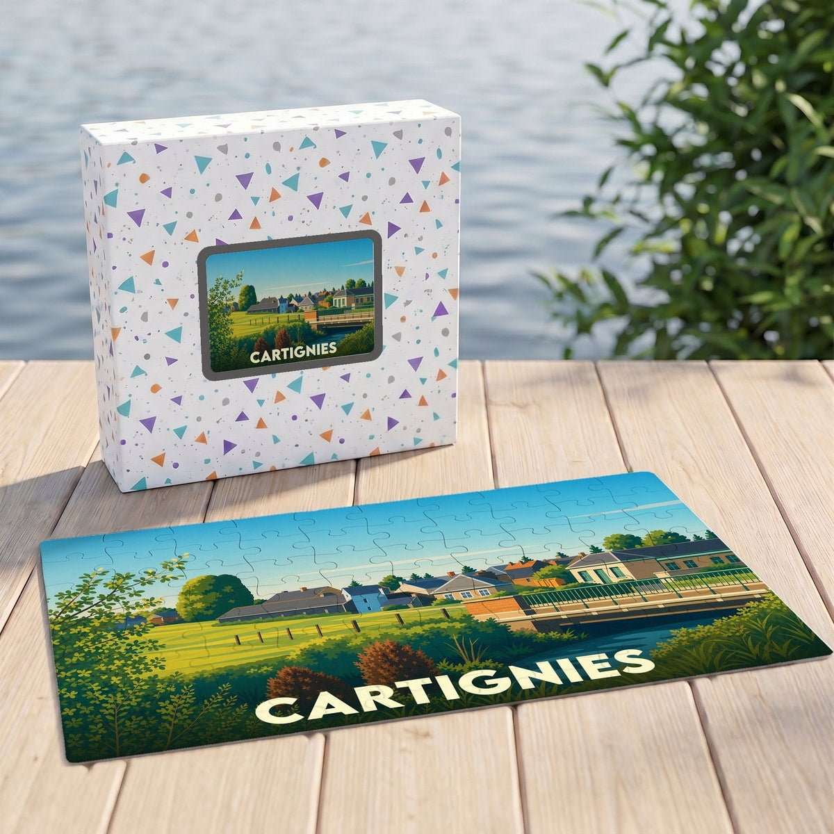Puzzle souvenir de la ville de Cartignies avec une illustration stylisée d'un paysage urbain.
