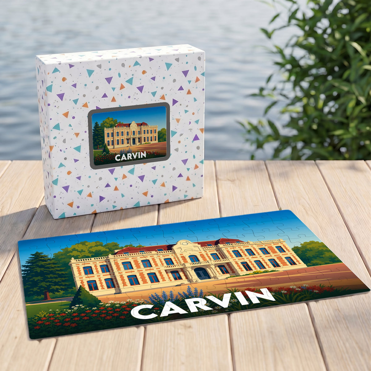 Puzzle souvenir de la ville de Carvin avec une illustration stylisée de l'hôtel de ville.