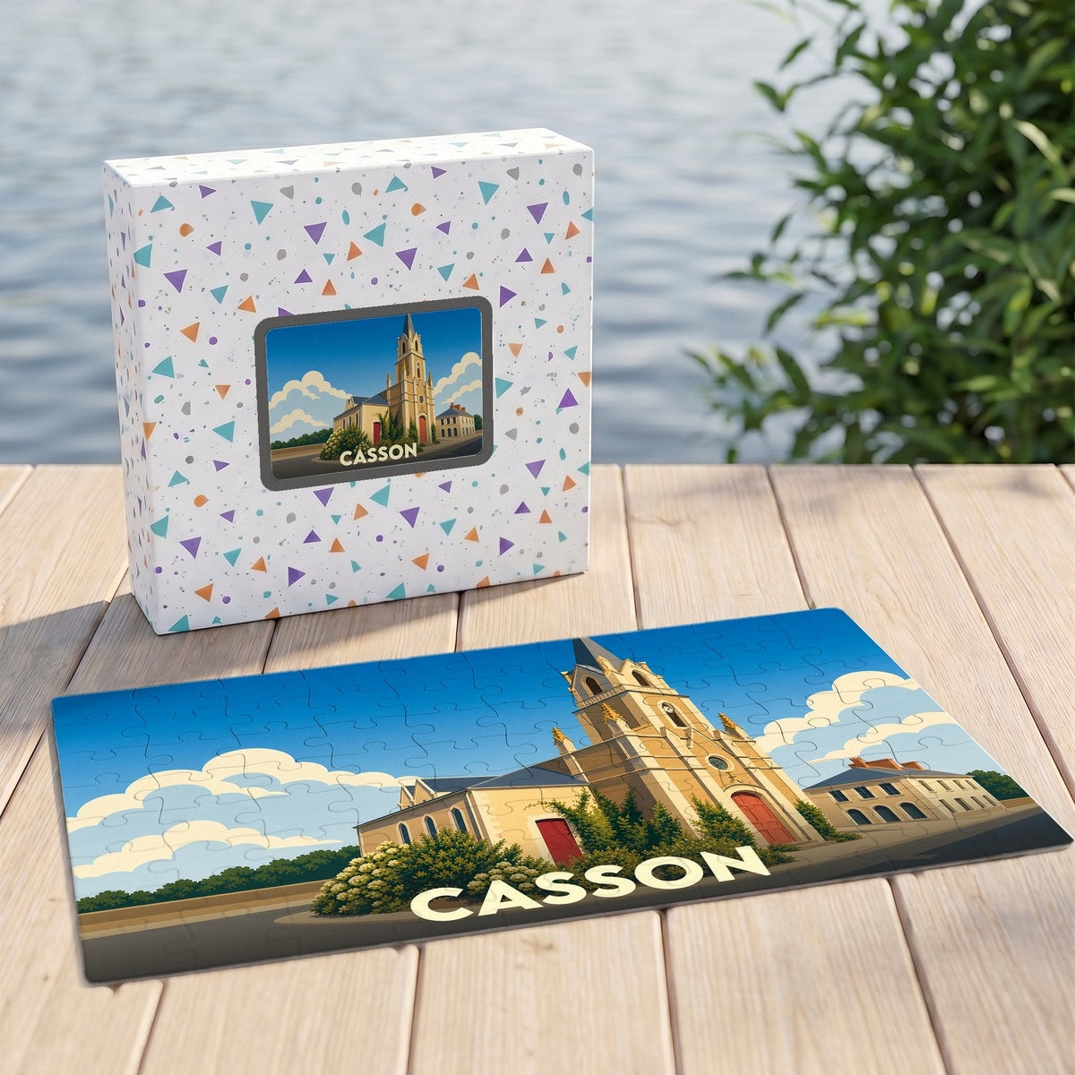 Puzzle souvenir de la ville de Casson avec une illustration stylisée de son église.