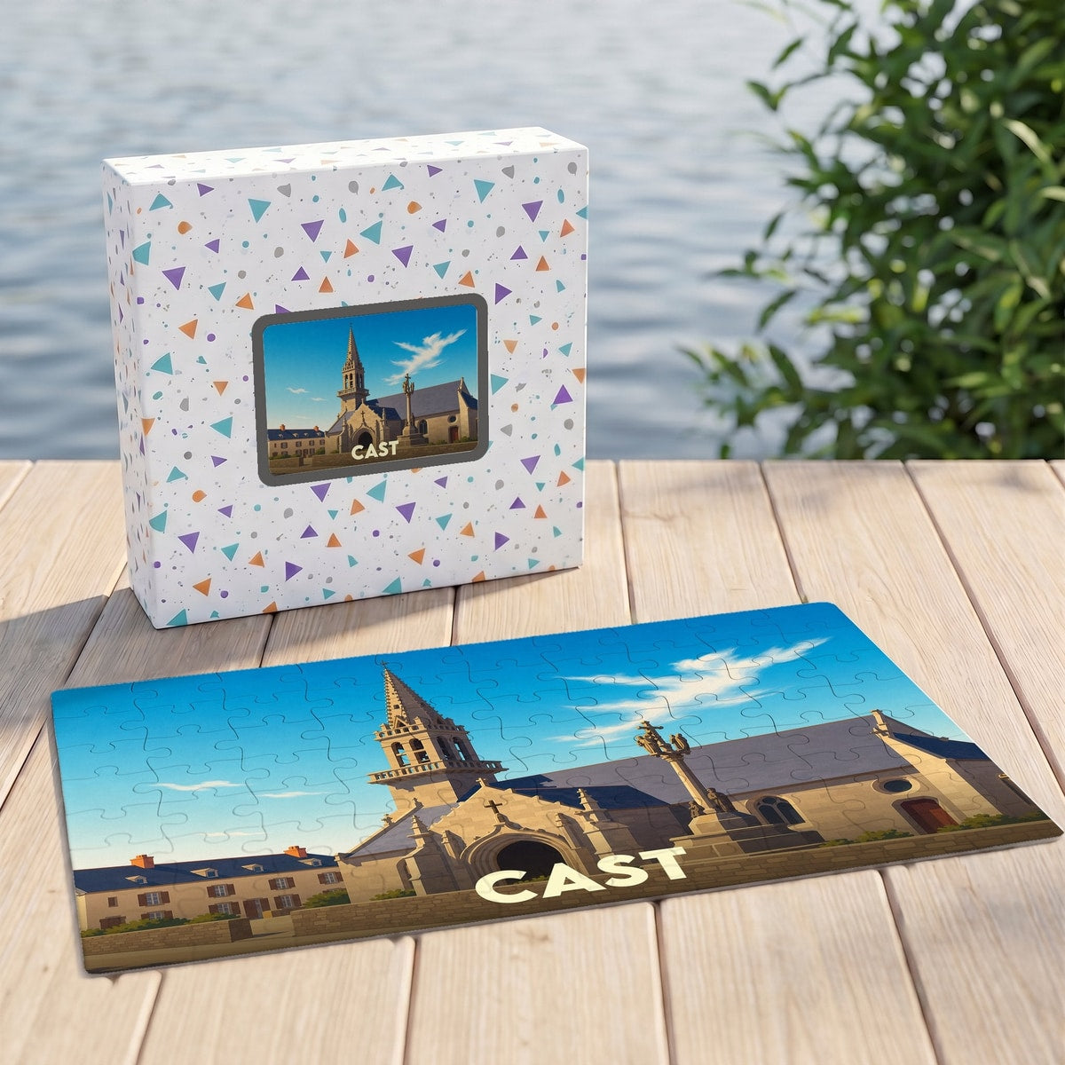 Puzzle souvenir de la ville de Cast illustrant une église de style breton.
