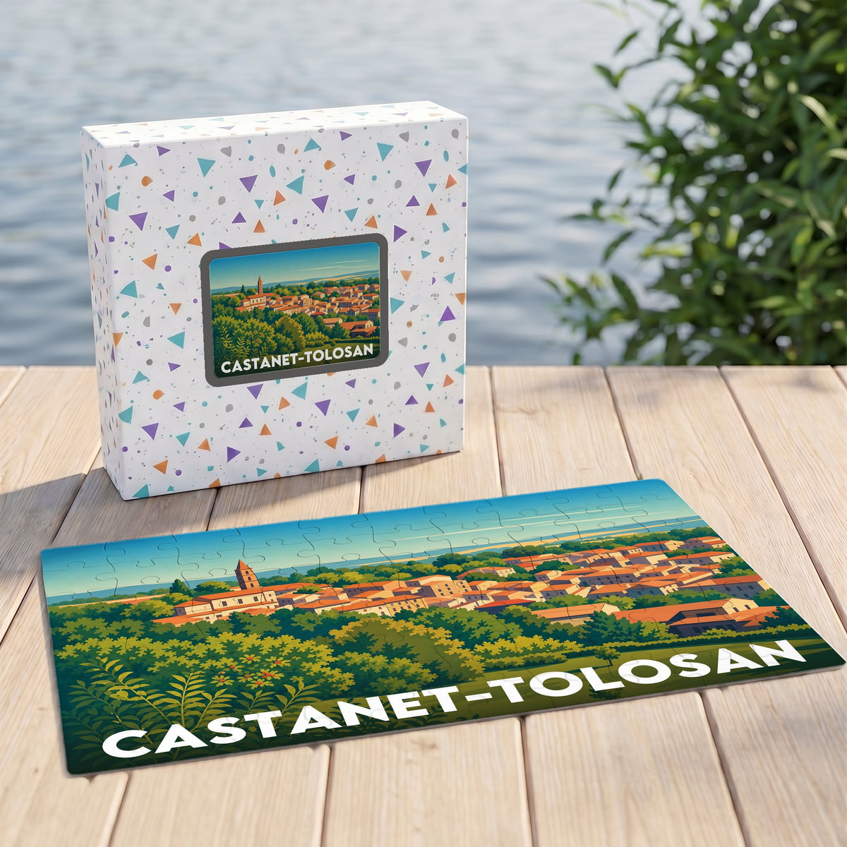 Puzzle souvenir de la ville de Castanet-Tolosan avec une illustration paysagère stylisée.