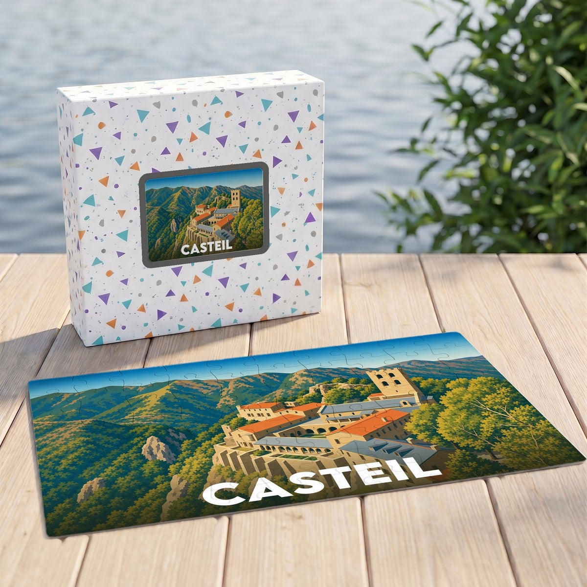 Puzzle souvenir de la ville de Casteil avec une illustration stylisée de son abbaye nichée dans les montagnes.
