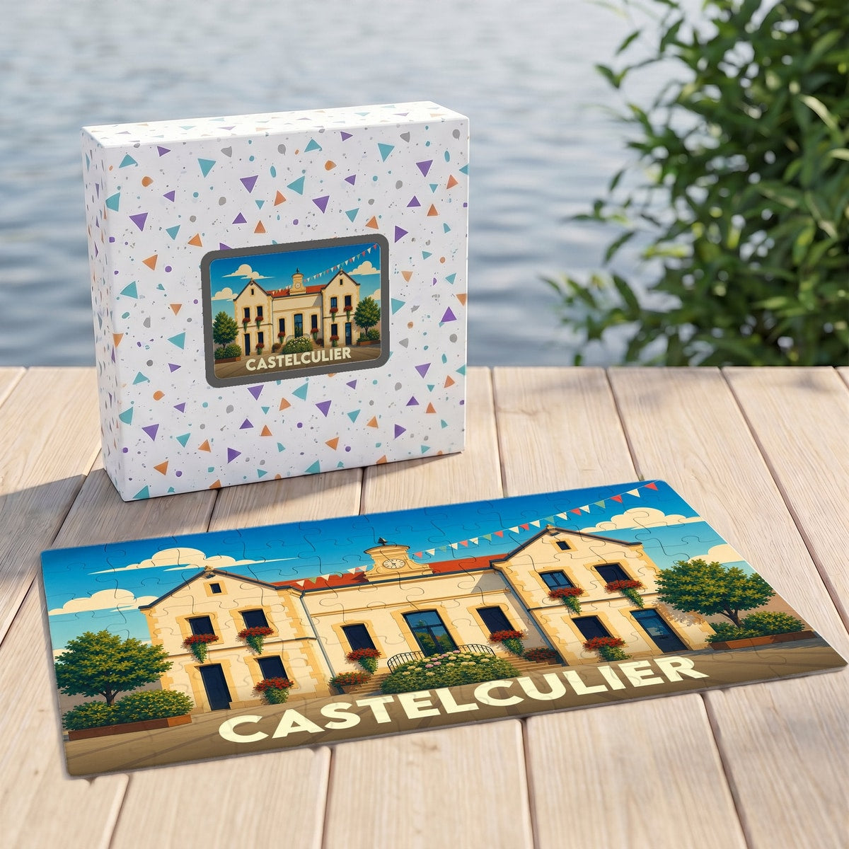 Puzzle souvenir de la ville de Castelculier avec une illustration stylisée.