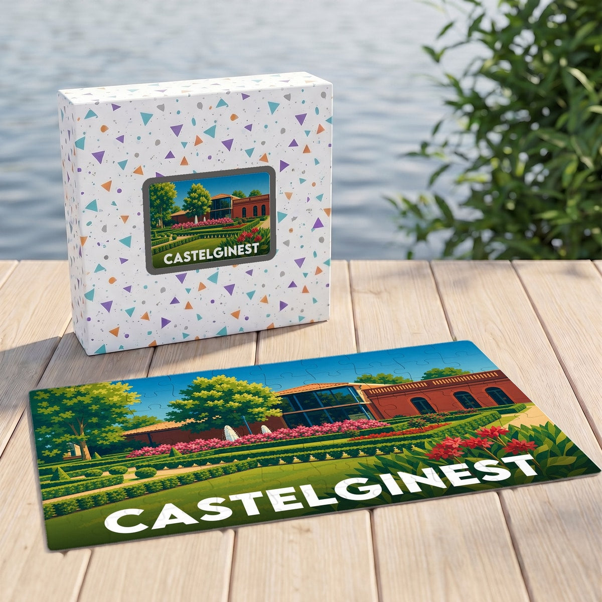 Puzzle souvenir de la ville de Castelginest avec une illustration stylisée de ses jardins.