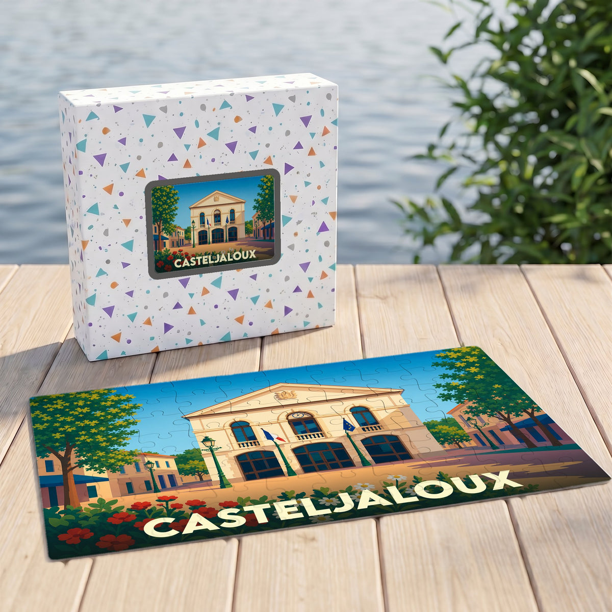 Puzzle souvenir de la ville de Casteljaloux avec son coffret assorti, présentant une illustration stylisée de l'hôtel de ville.