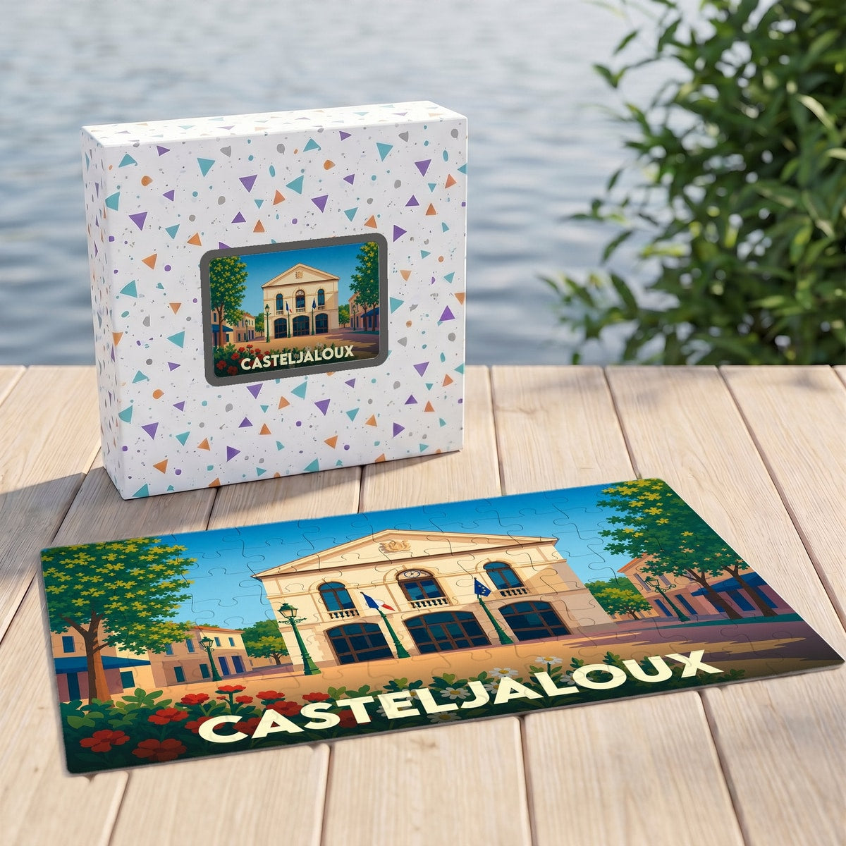 Puzzle souvenir de la ville de Casteljaloux avec son coffret assorti, présentant une illustration stylisée de l'hôtel de ville.