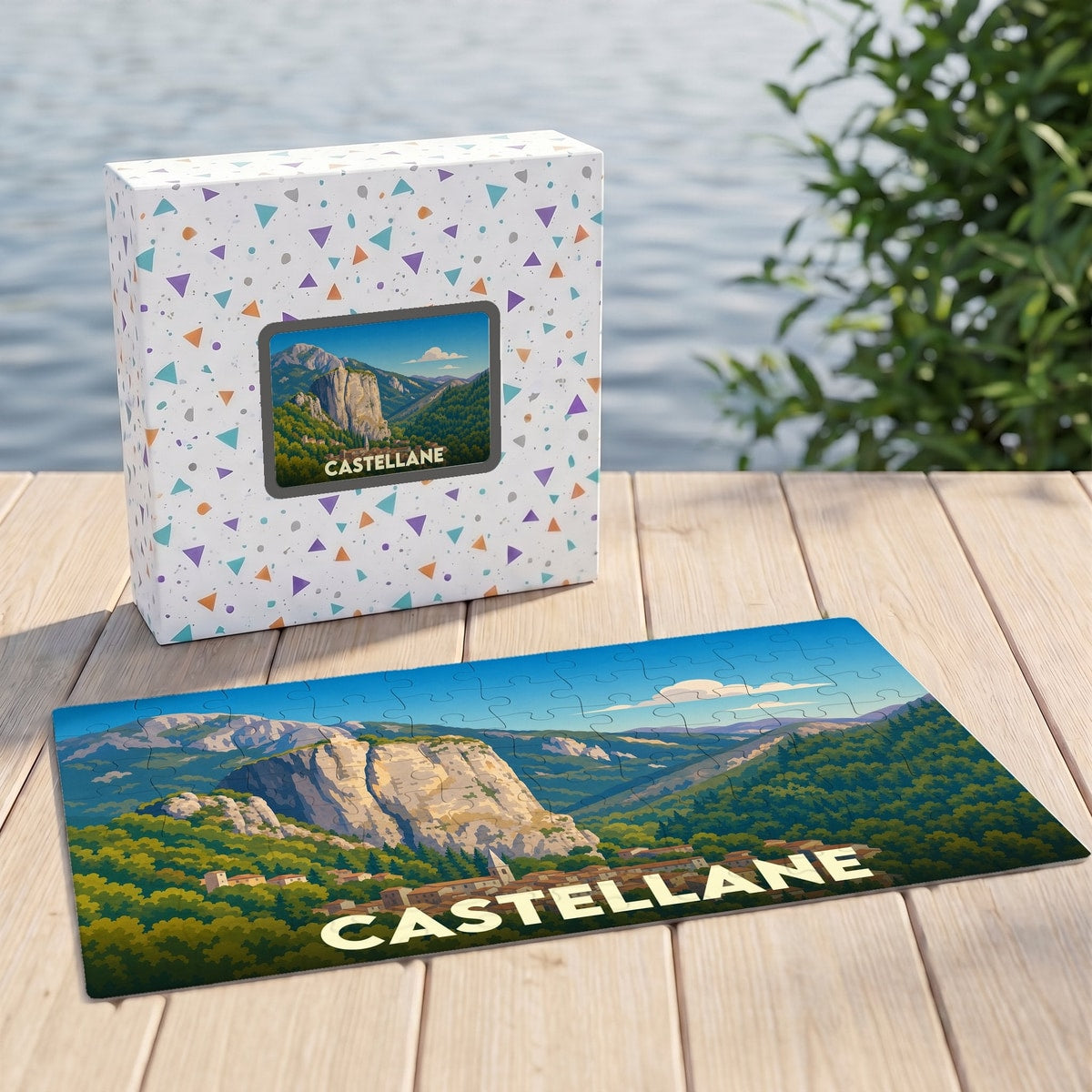 Puzzle souvenir de la ville de Castellane avec une illustration stylisée de son célèbre rocher.