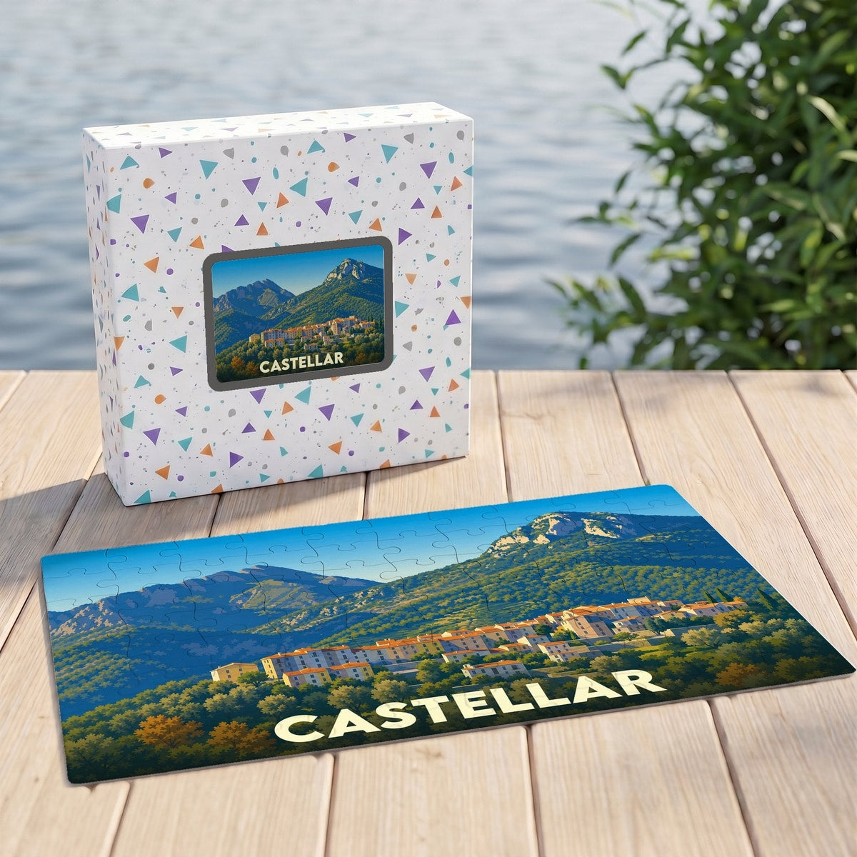 Puzzle souvenir de la ville de Castellar avec une illustration de paysage montagneux.