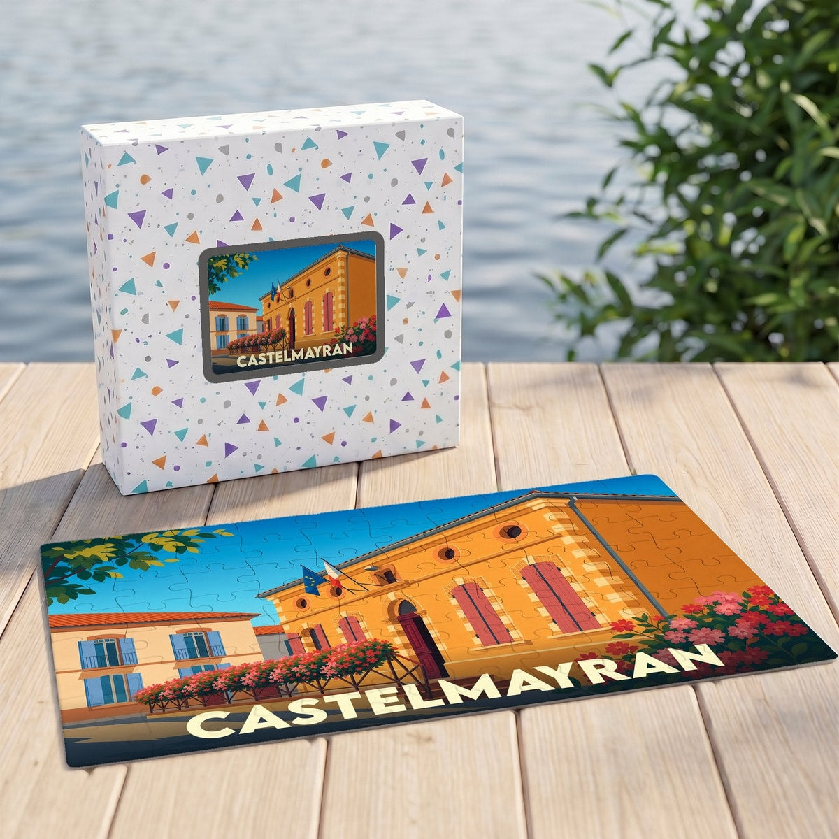 Puzzle souvenir de la ville de Castelmayran avec une illustration stylisée.