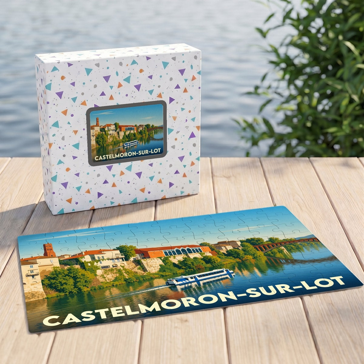 Puzzle souvenir de la ville de Castelmoron-sur-Lot avec une illustration stylisée et colorée de ses quais.