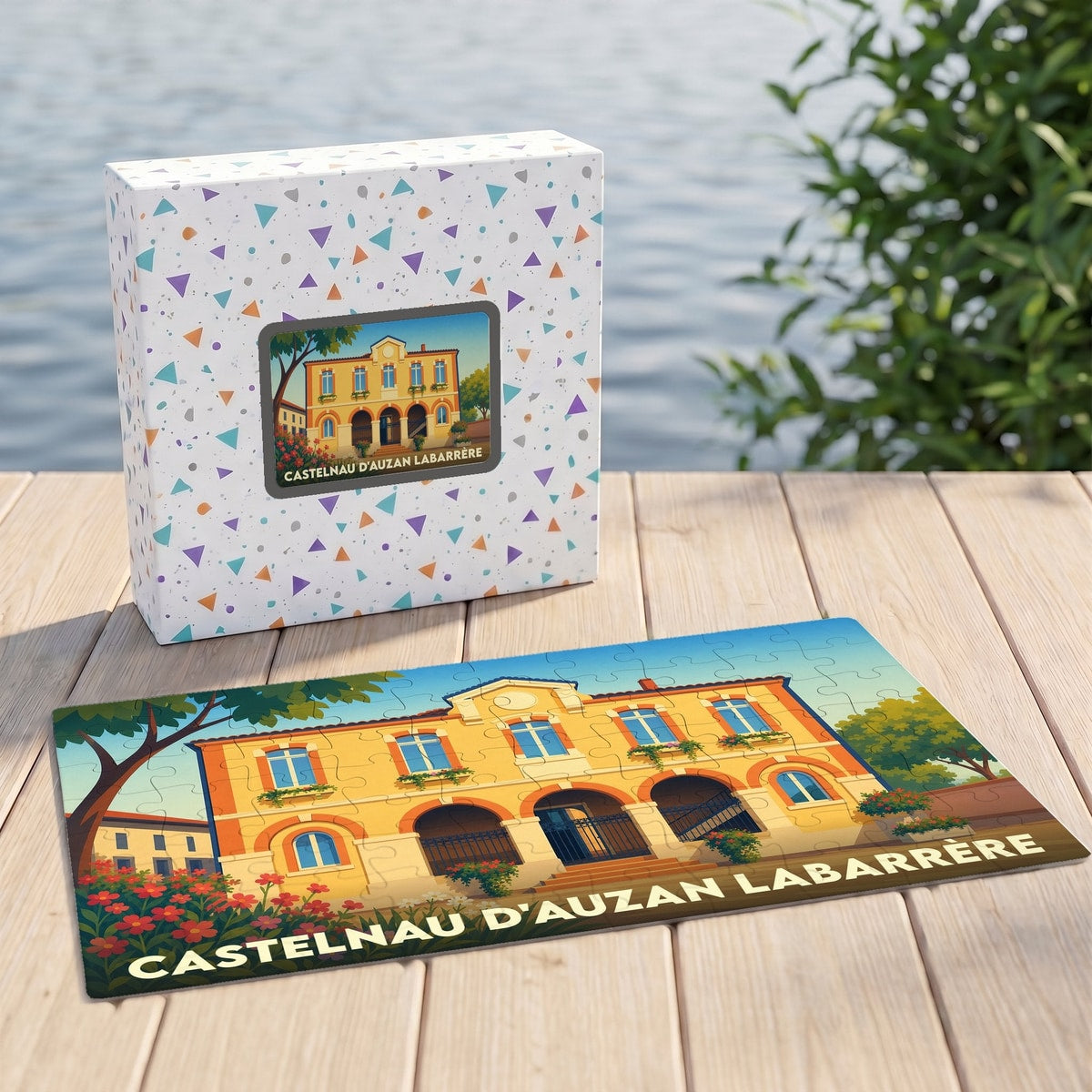 Puzzle souvenir de la ville de Castelnau d'Auzan Labarrère avec une illustration stylisée de sa mairie.