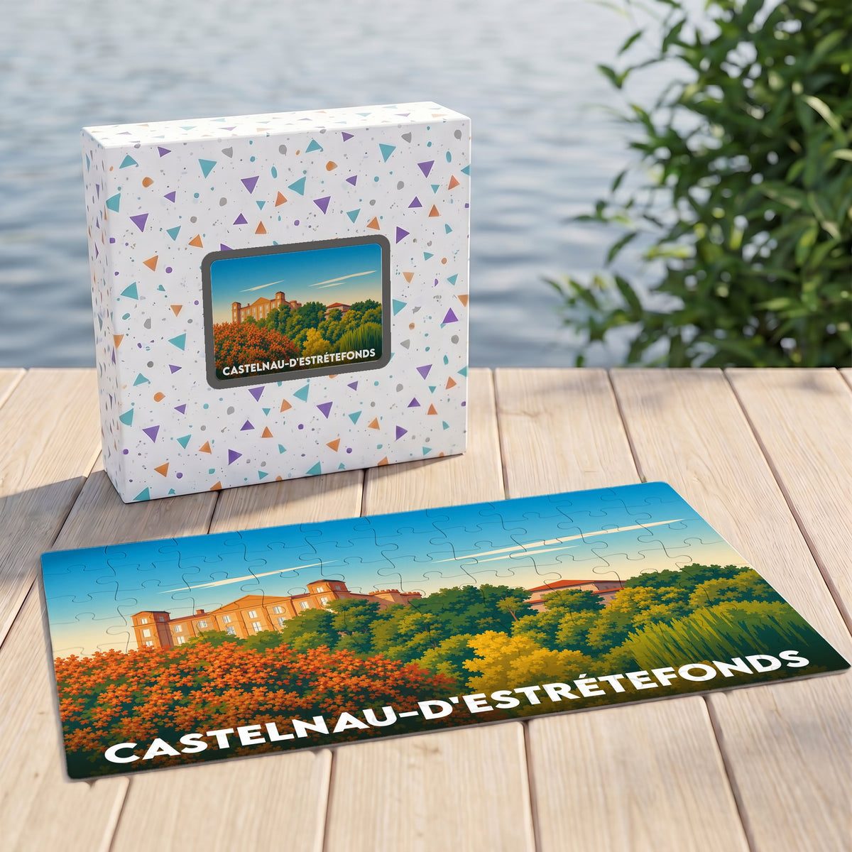 Puzzle souvenir de la ville de Castelnau-d'Estrétefonds représentant son château entouré de végétation.