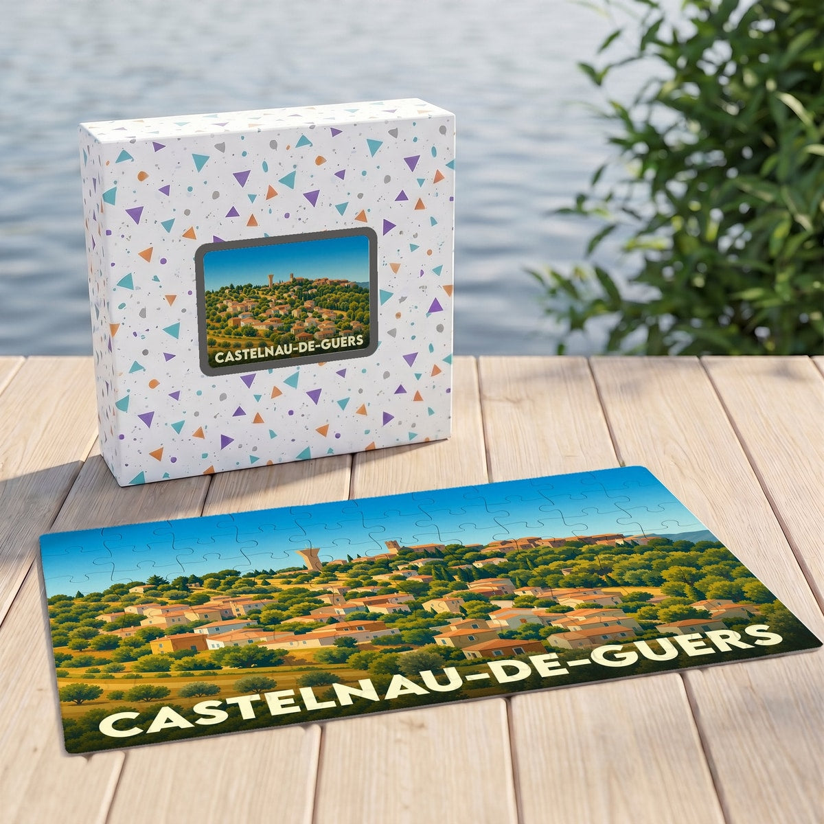 Puzzle souvenir de Castelnau-de-Guers avec une illustration stylisée du village et sa boîte assortie.