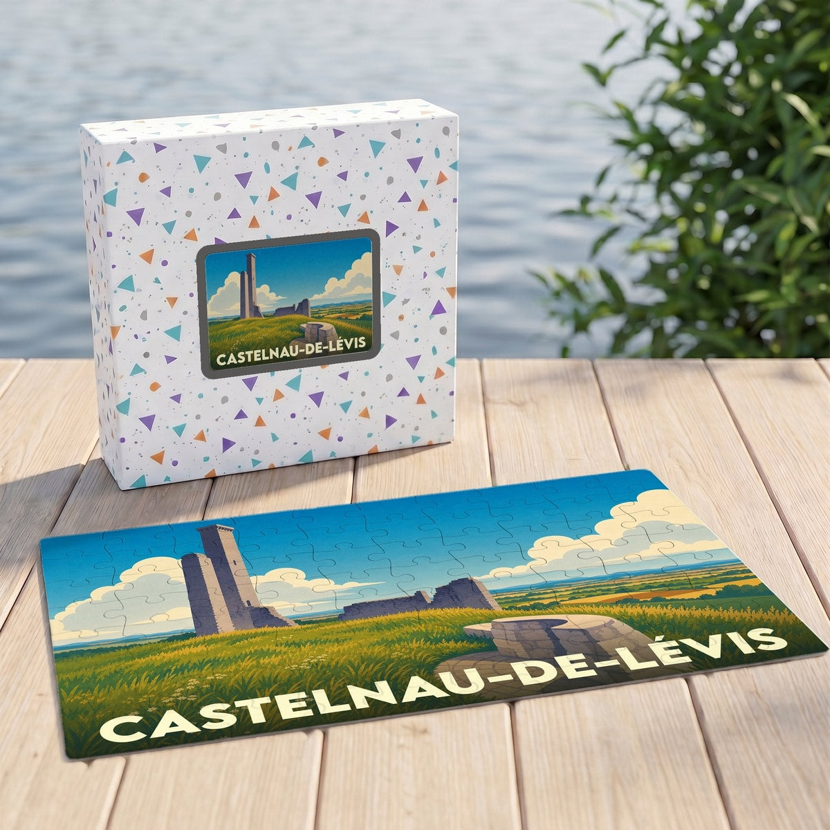 Puzzle souvenir de la ville de Castelnau-de-Lévis avec une illustration stylisée de sa tour médiévale.