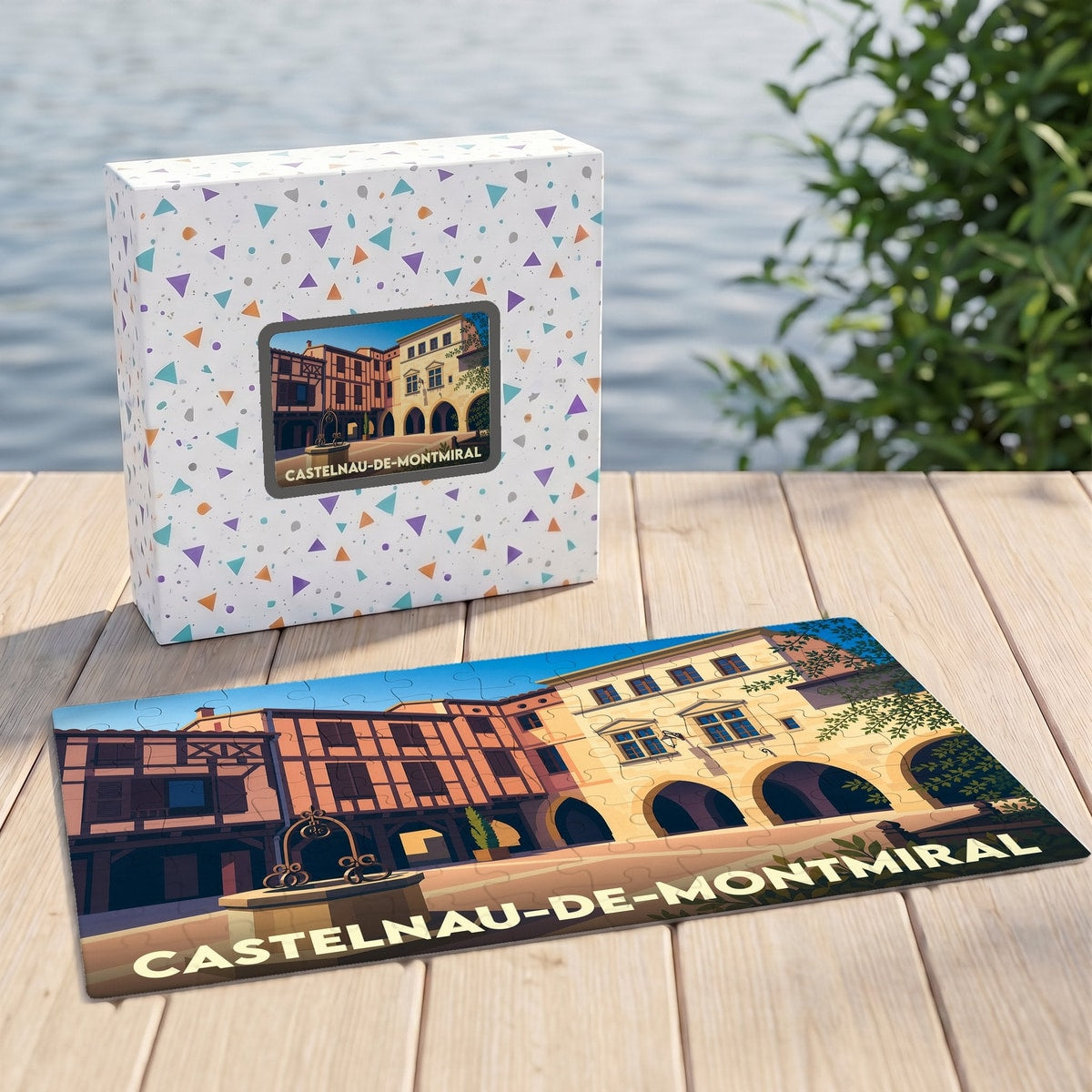 Puzzle souvenir de la ville de Castelnau-de-Montmiral avec une illustration stylisée de sa place centrale.
