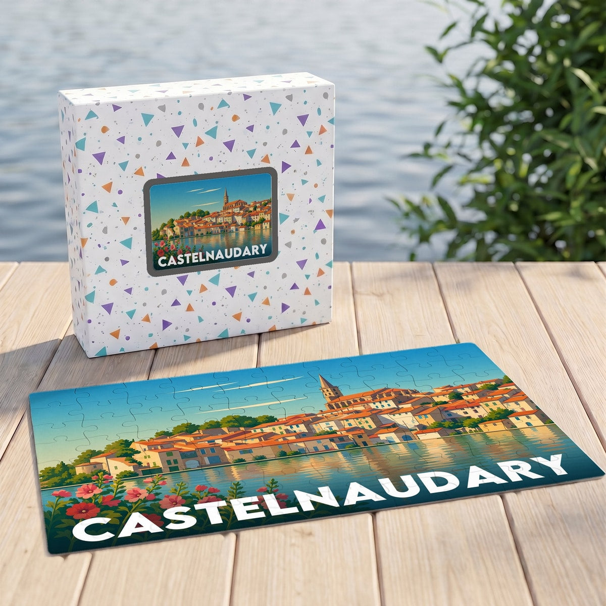 Puzzle souvenir de la ville de Castelnaudary avec une illustration stylisée et colorée de son port.