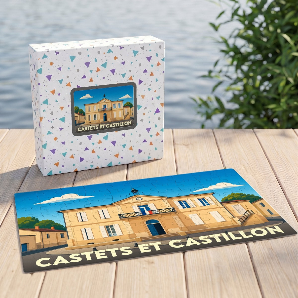 Puzzle souvenir de la ville de Castets et Castillon avec une illustration stylisée.