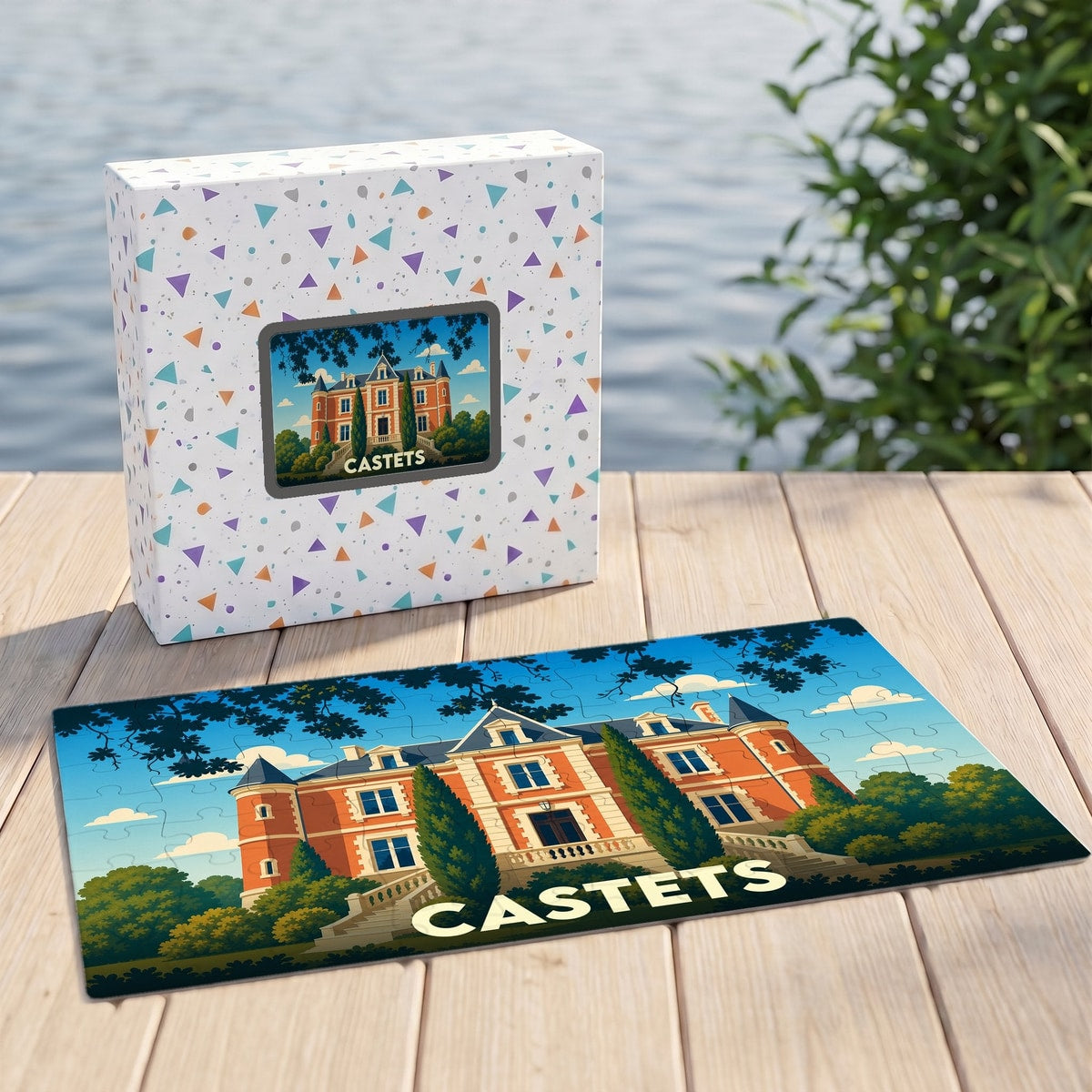 Puzzle souvenir de la ville de Castets avec une illustration stylisée d'un château.