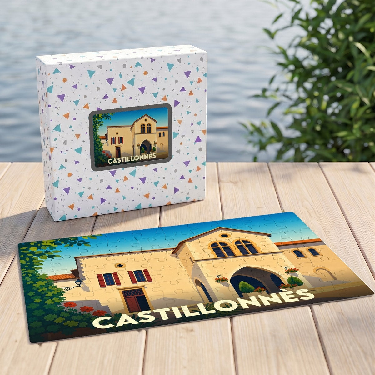 Puzzle souvenir de la ville de Castillonnès avec une illustration stylisée.