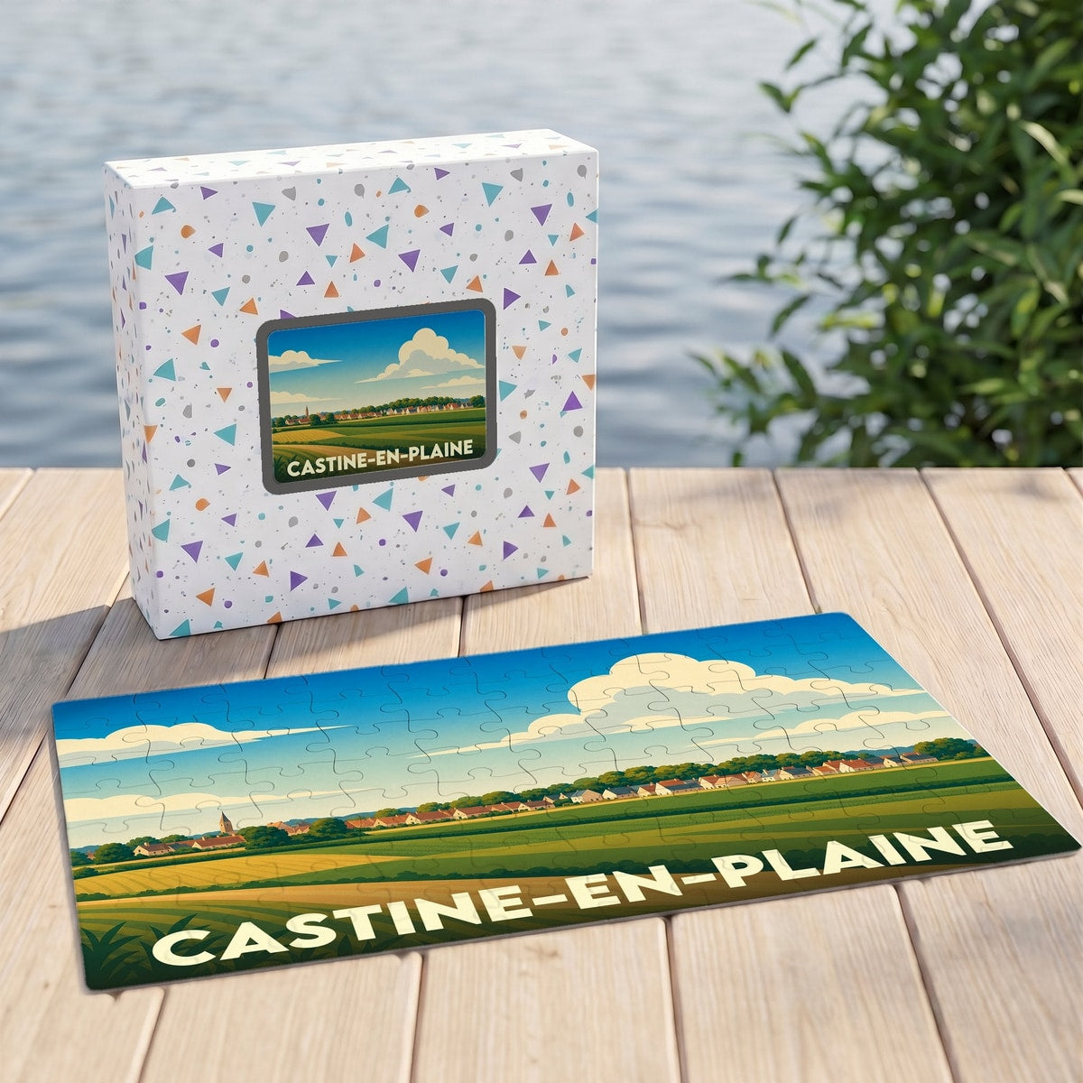Puzzle souvenir de la ville de Castine-en-Plaine avec une illustration de paysage champêtre.