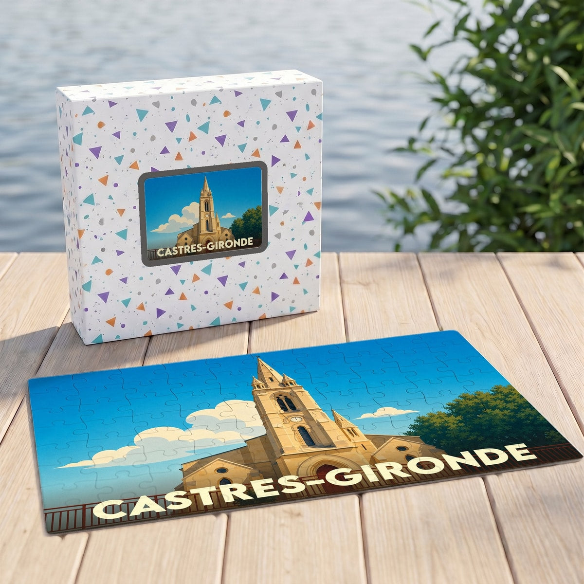 Puzzle souvenir de la ville de Castres-Gironde illustrant son église sous un ciel bleu.