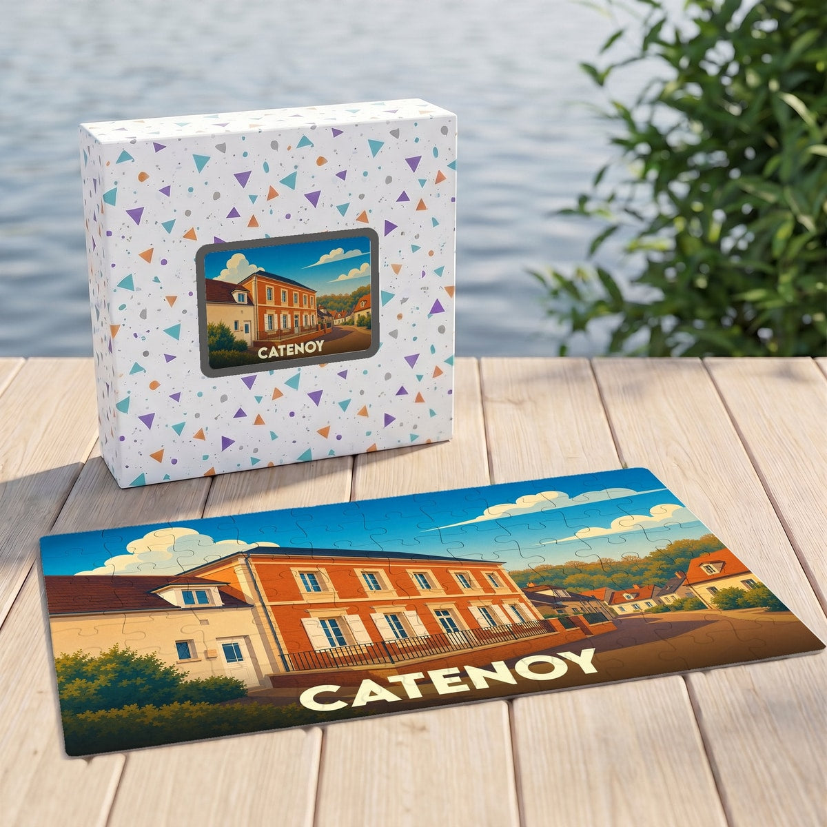Puzzle souvenir de la ville de Catenoy avec une illustration stylisée d'un paysage urbain.