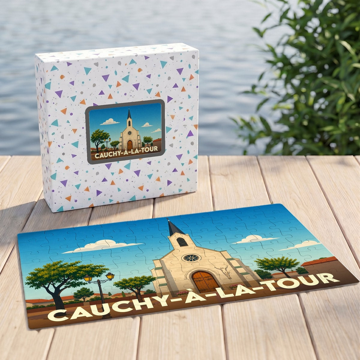 Puzzle souvenir de la ville de Cauchy-à-la-Tour avec une illustration stylisée de son église.