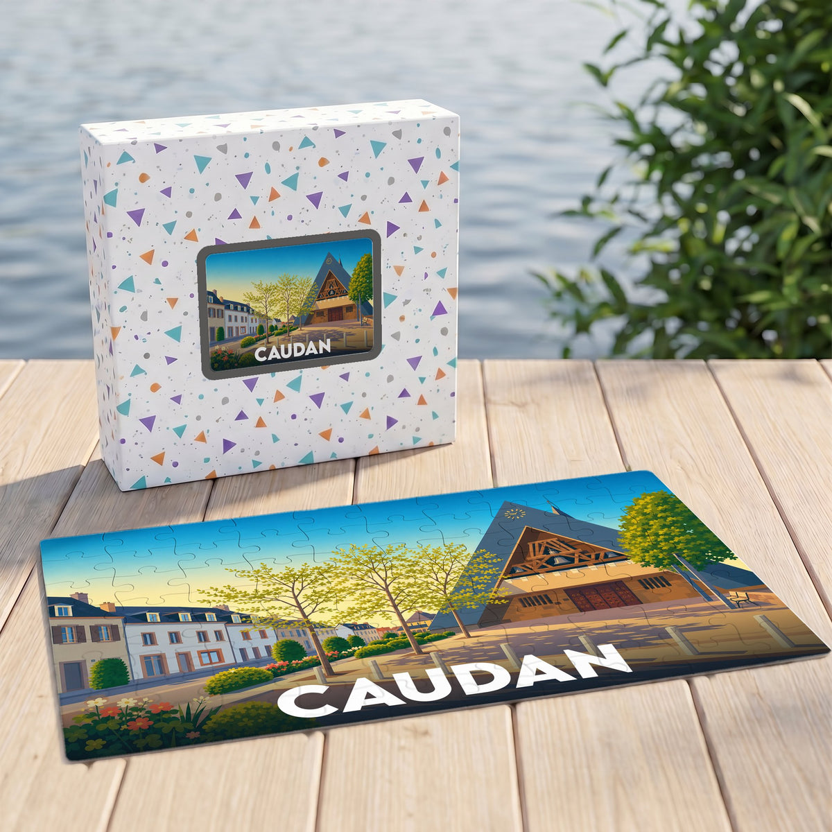 Puzzle souvenir de la ville de Caudan avec une illustration stylisée et colorée.