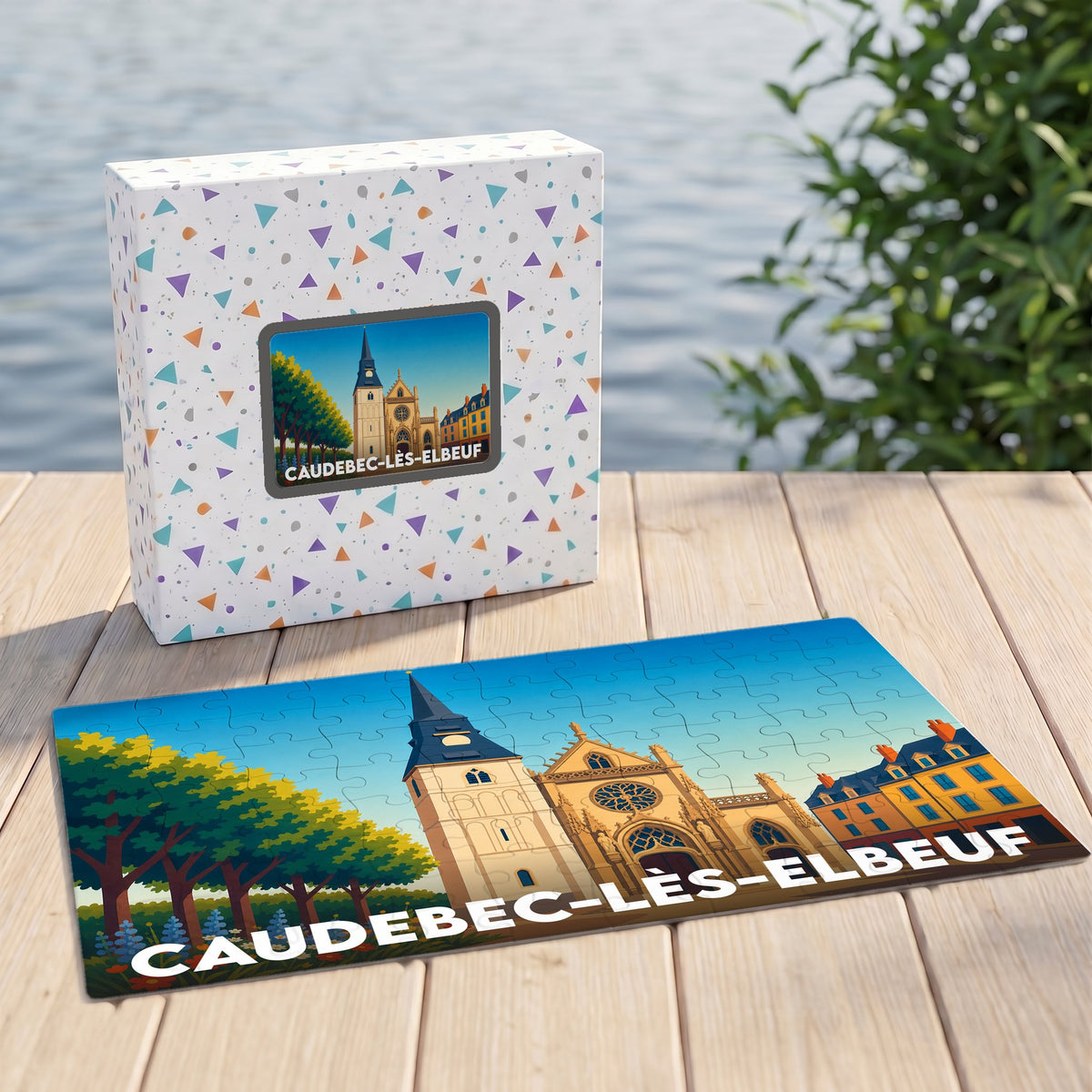 Puzzle souvenir de la ville de Caudebec-lès-Elbeuf avec une illustration stylisée de son église et de ses façades colorées.