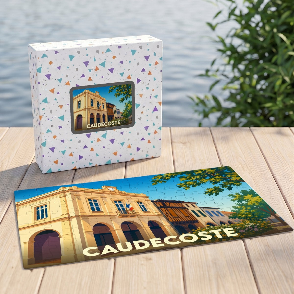 Puzzle souvenir de la ville de Caudecoste présentant une illustration stylisée de sa mairie.