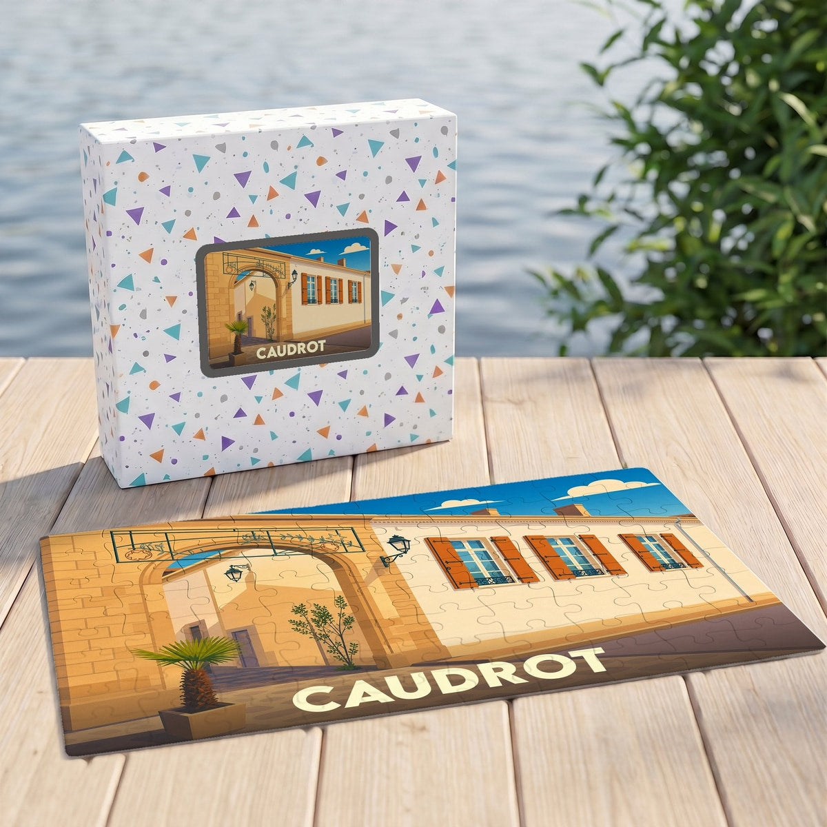 Puzzle souvenir de la ville de Caudrot avec une illustration graphique colorée.