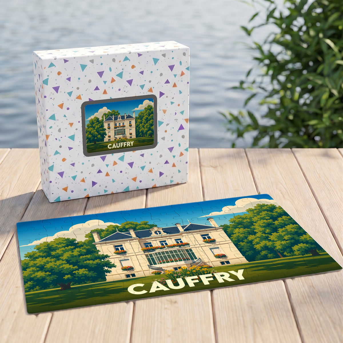 Puzzle souvenir de la ville de Cauffry illustrant un grand manoir entouré de verdure.