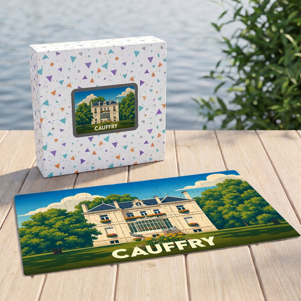 Puzzle souvenir de la ville de Cauffry illustrant un grand manoir entouré de verdure.