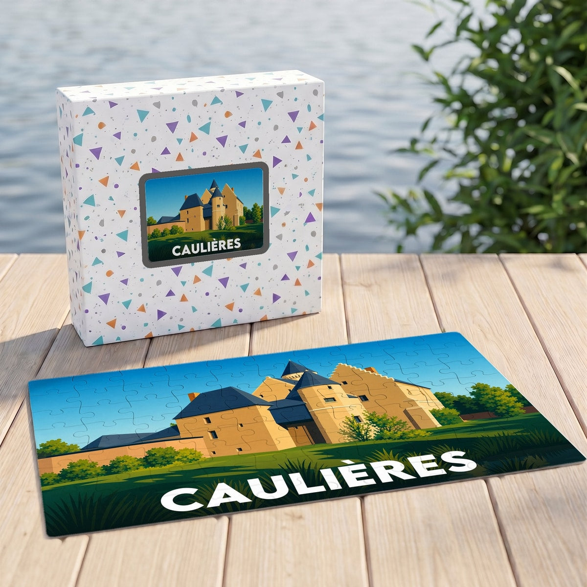 Puzzle souvenir de la ville de Caulières avec une illustration stylisée d'un château.