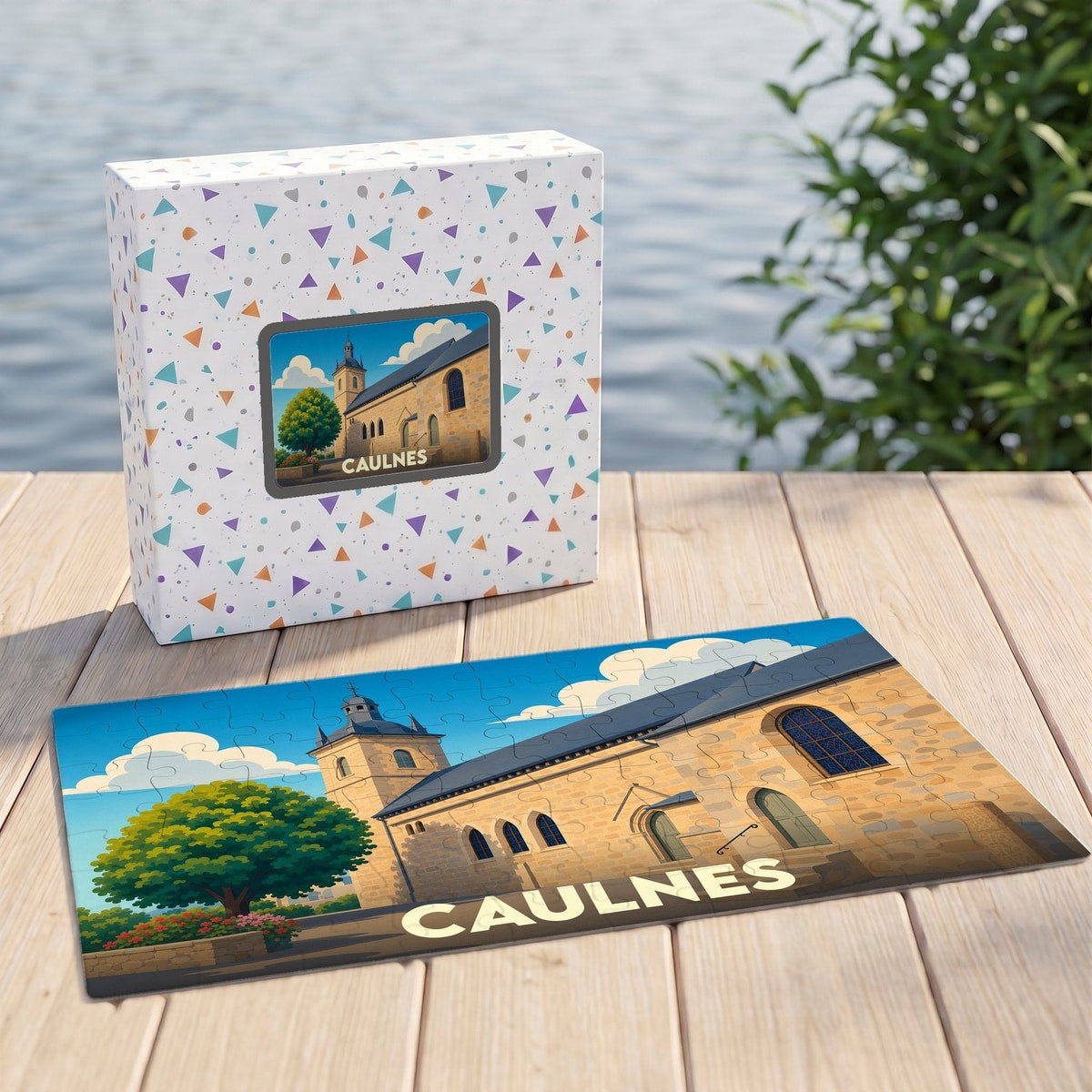 Puzzle souvenir de la ville de Caulnes avec une illustration stylisée de son église.