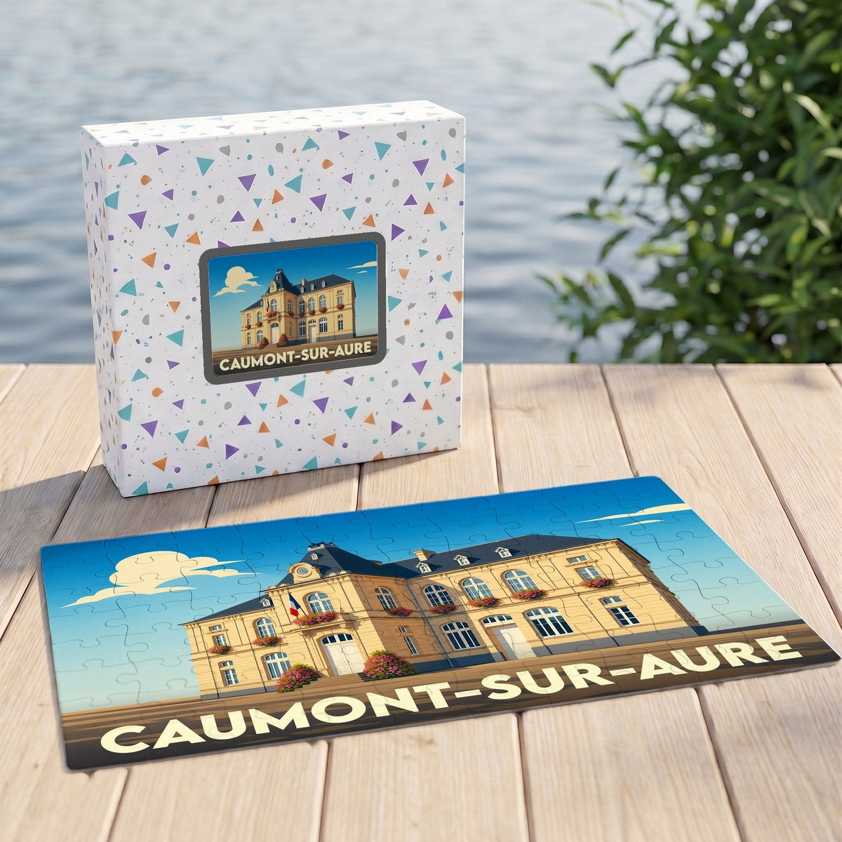 Puzzle souvenir de la ville de Caumont-sur-Aure avec une illustration stylisée de sa mairie.