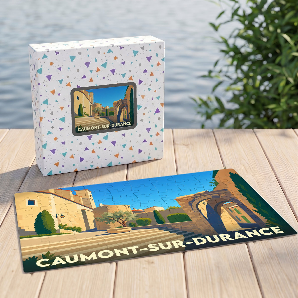 Puzzle souvenir de la ville de Caumont-sur-Durance avec une illustration de style affiche vintage.