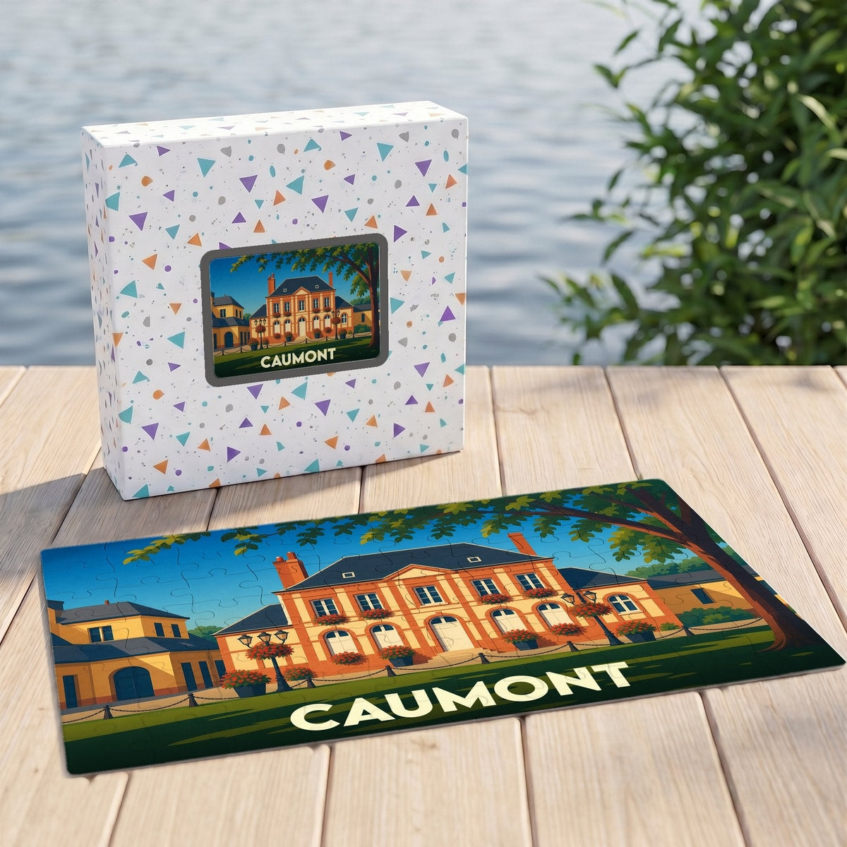 Puzzle souvenir de la ville de Caumont illustrant une bâtisse historique avec un style graphique coloré.
