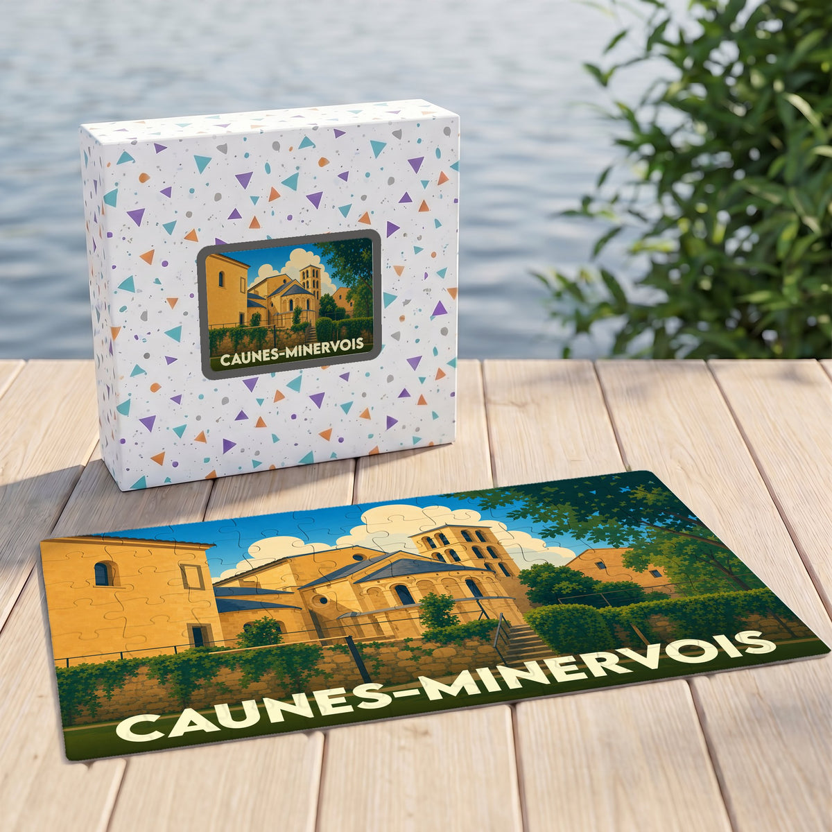 Puzzle souvenir de la ville de Caunes-Minervois avec une illustration stylisée et colorée de son abbaye.