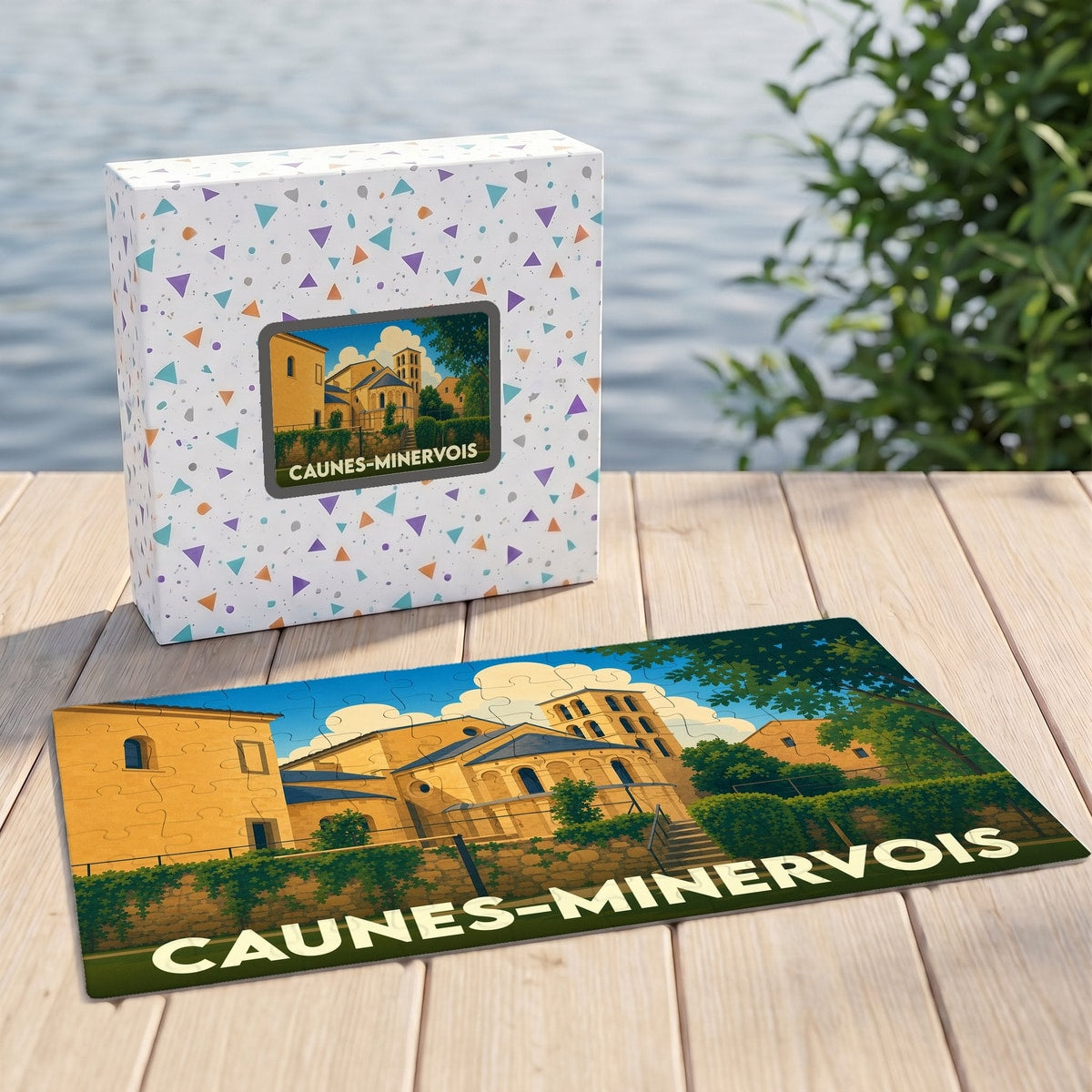 Puzzle souvenir de la ville de Caunes-Minervois avec une illustration stylisée et colorée de son abbaye.