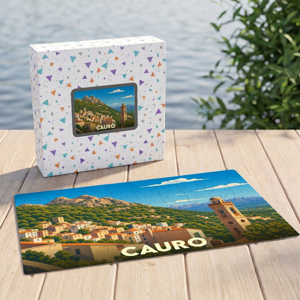 Puzzle souvenir de la ville de Cauro avec une illustration stylisée de son paysage vallonné.