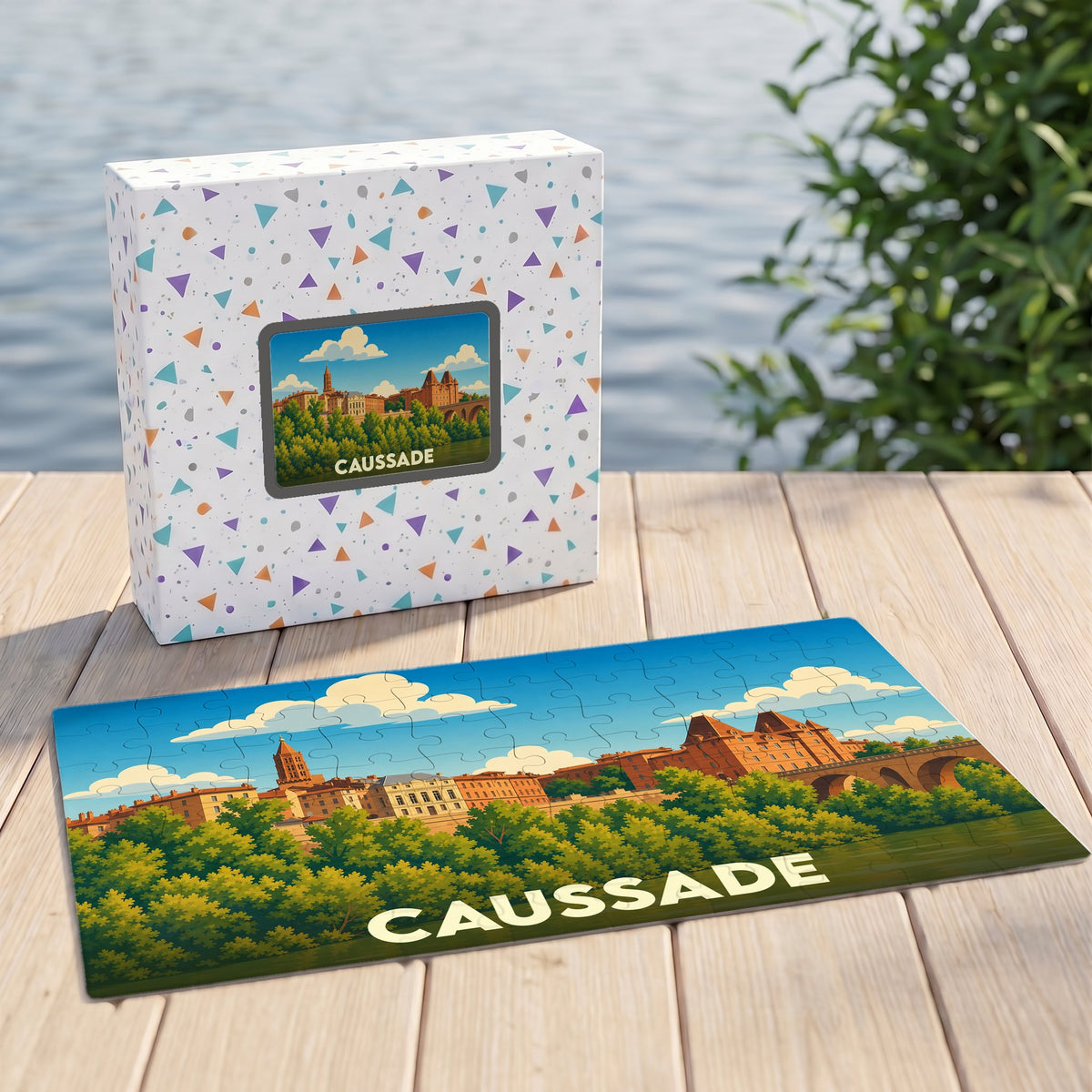 Puzzle souvenir de la ville de Caussade avec une illustration panoramique stylisée.