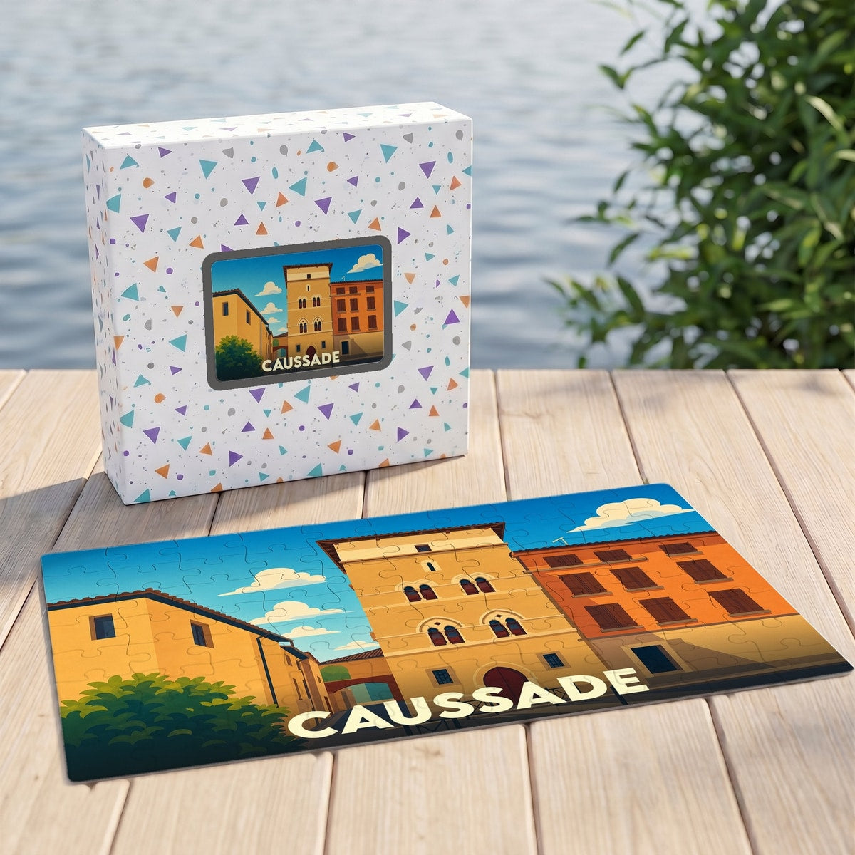Puzzle souvenir de la ville de Caussade avec une illustration colorée de son architecture.