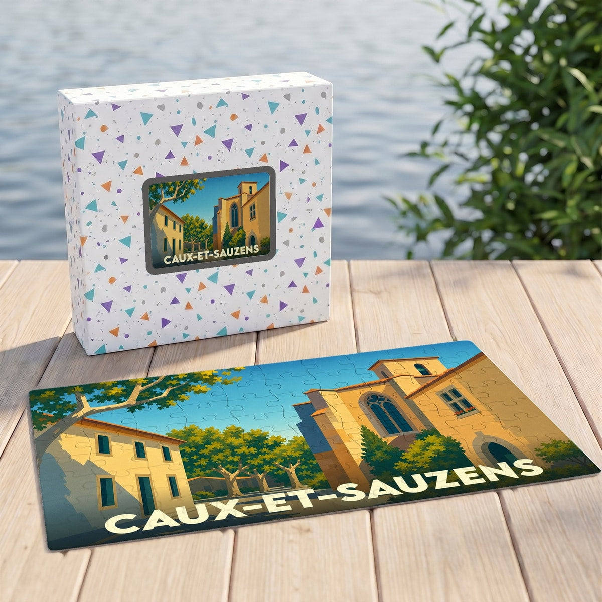 Puzzle souvenir de la ville de Caux-et-Sauzens illustré d'une scène de village pittoresque.