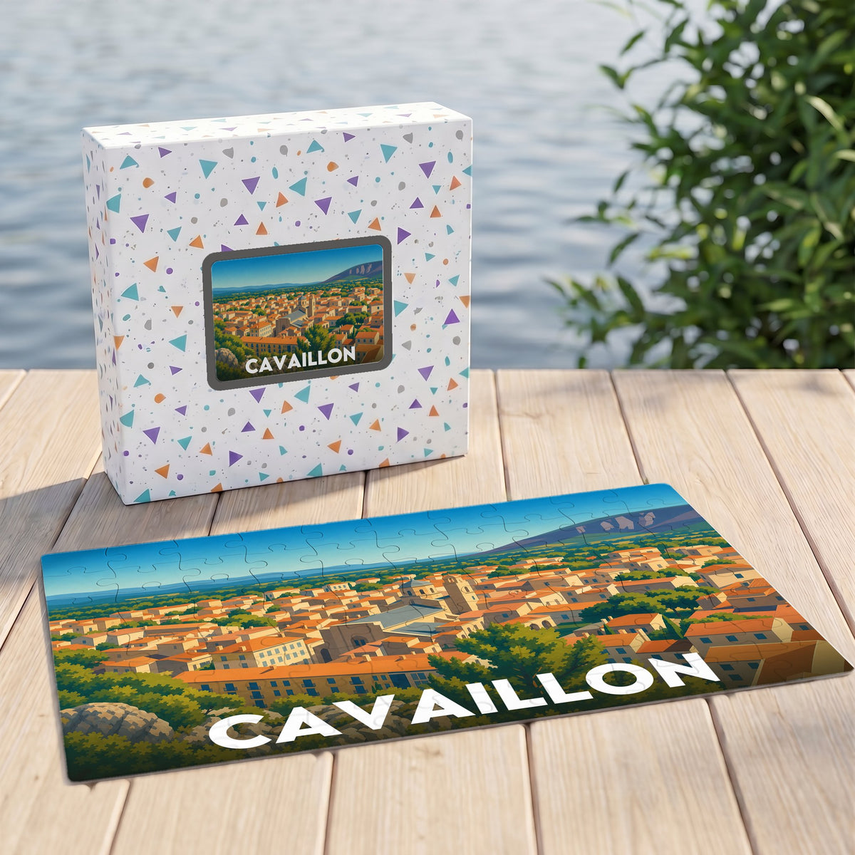 Puzzle souvenir de la ville de Cavaillon avec une illustration stylisée et sa boîte assortie.