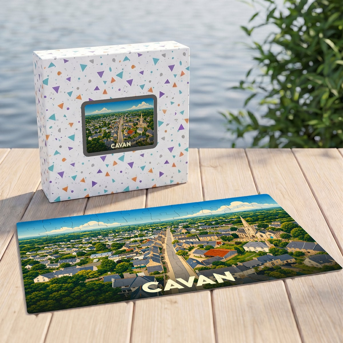 Puzzle souvenir de la ville de Cavan représentant une vue aérienne illustrée.