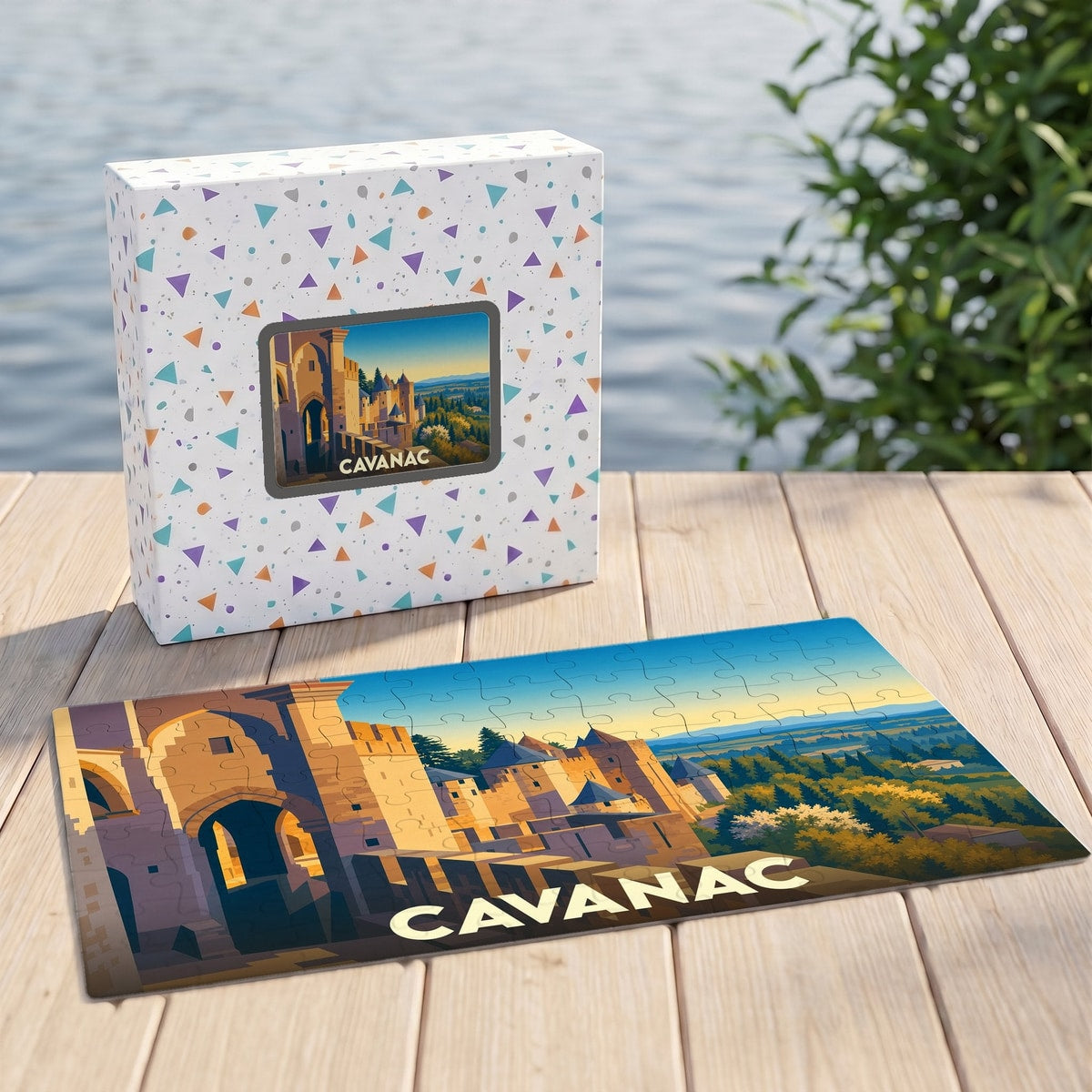Puzzle souvenir de la ville de Cavanac illustré d'un paysage de château stylisé.